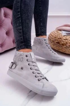 Sale Big Star Shoes Trampki Damskie Big Star Wysokie Ocieplane Szare EE274079