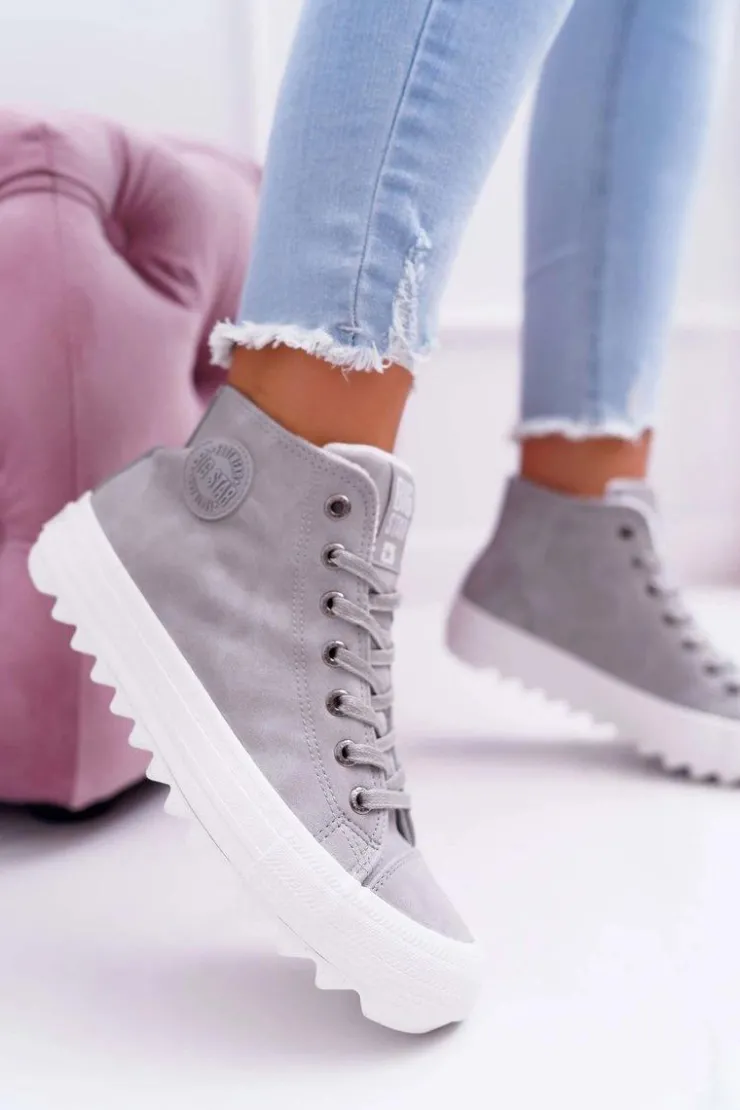 Hot Big Star Shoes Trampki Damskie Big Star Wysokie Ocieplane Szare EE274114