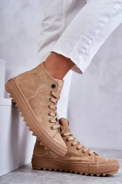 Outlet Big Star Shoes Trampki Damskie Big Star Wysokie Ocieplane Camel GG274072 Brązowy