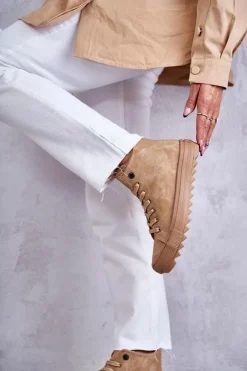 Outlet Big Star Shoes Trampki Damskie Big Star Wysokie Ocieplane Camel GG274072 Brązowy