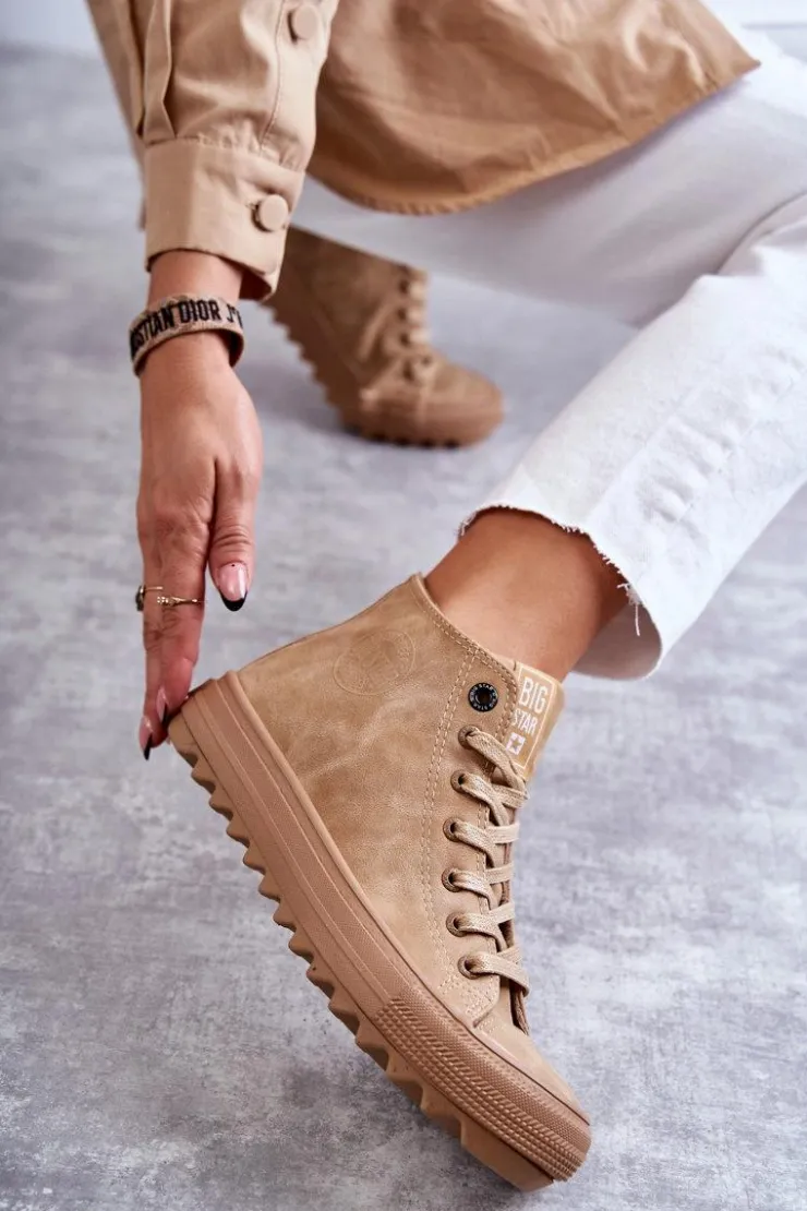 Outlet Big Star Shoes Trampki Damskie Big Star Wysokie Ocieplane Camel GG274072 Brązowy