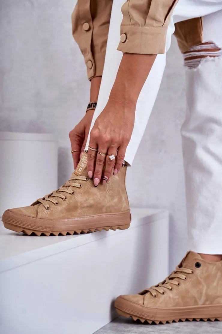 Outlet Big Star Shoes Trampki Damskie Big Star Wysokie Ocieplane Camel GG274072 Brązowy