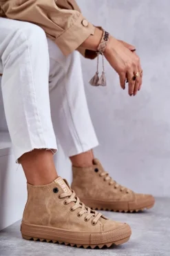 Outlet Big Star Shoes Trampki Damskie Big Star Wysokie Ocieplane Camel GG274072 Brązowy