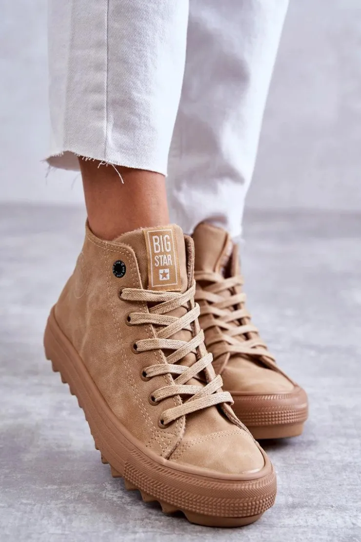 Outlet Big Star Shoes Trampki Damskie Big Star Wysokie Ocieplane Camel GG274072 Brązowy