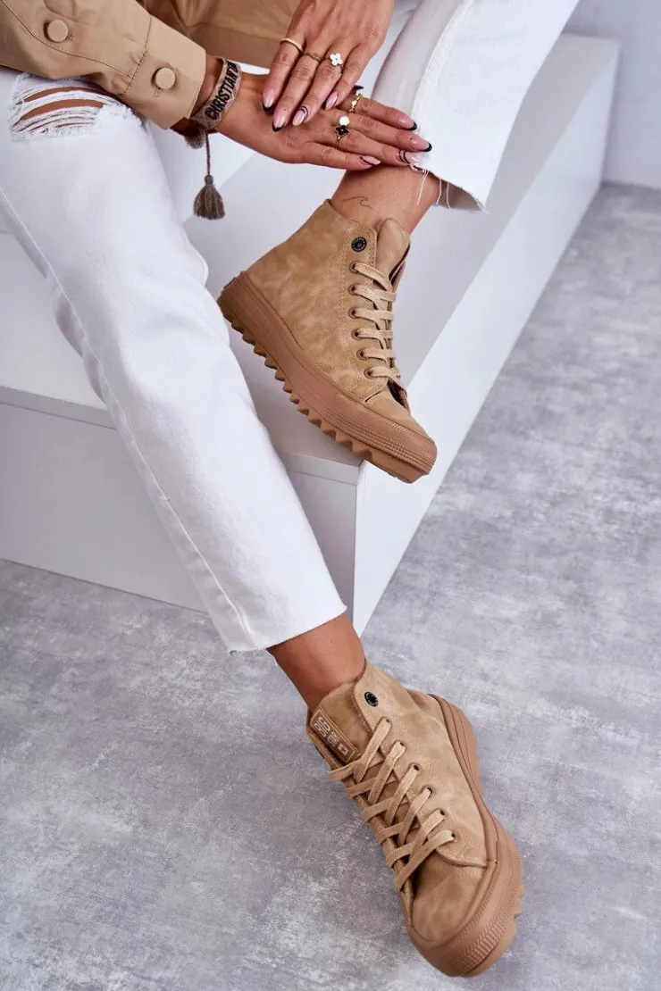 Outlet Big Star Shoes Trampki Damskie Big Star Wysokie Ocieplane Camel GG274072 Brązowy