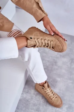 Outlet Big Star Shoes Trampki Damskie Big Star Wysokie Ocieplane Camel GG274072 Brązowy