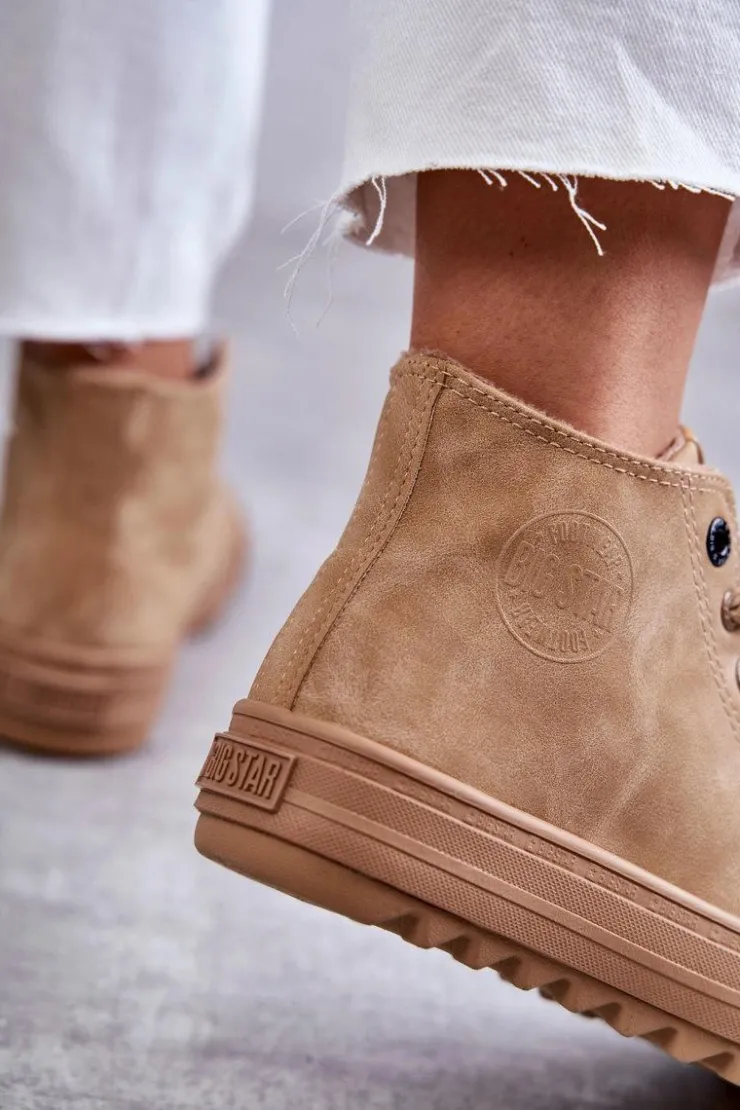 Outlet Big Star Shoes Trampki Damskie Big Star Wysokie Ocieplane Camel GG274072 Brązowy
