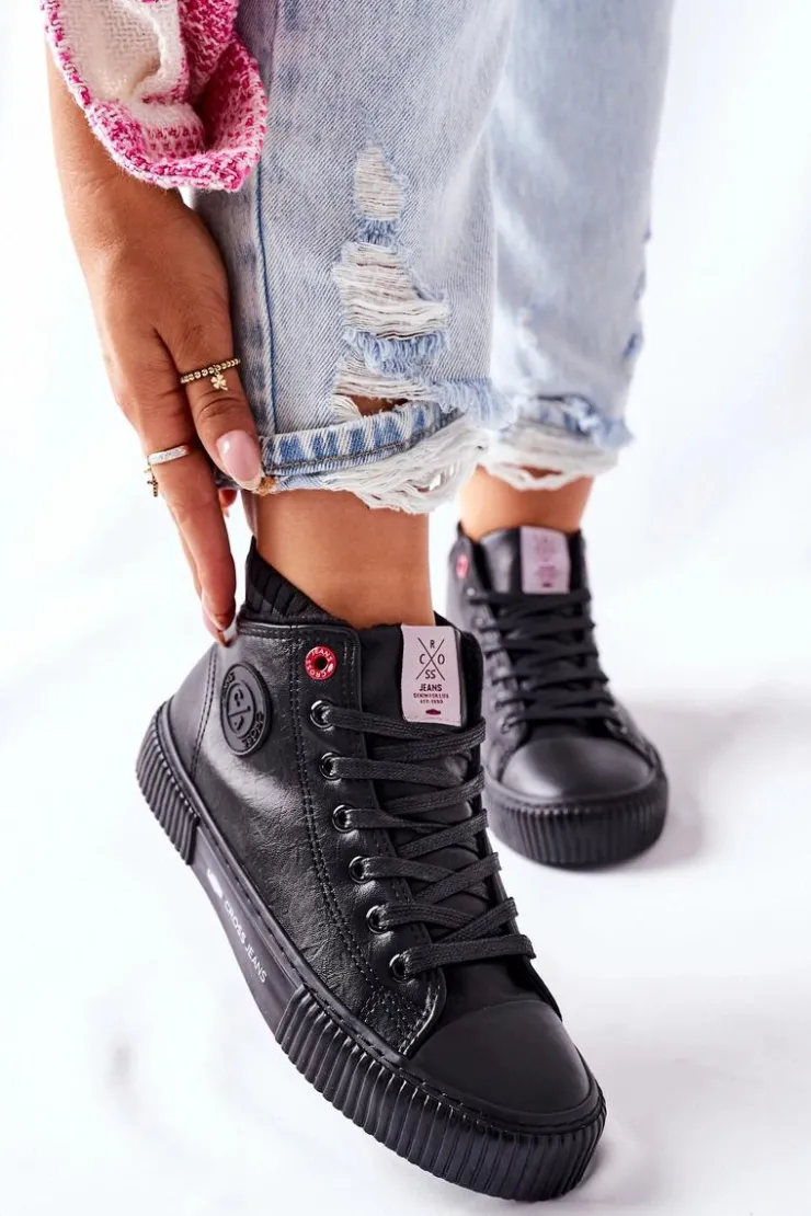 New Cross Jeans Trampki Damskie Wysokie Czarne II2R4021 Czarny