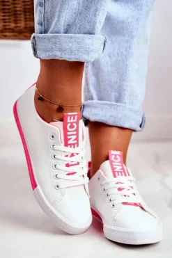 Boto Trampki Damskie Niskie*Trampki Damskie Klasyczne Biało-Neonowo Różowe Ville