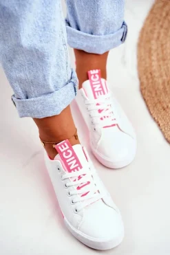 Boto Trampki Damskie Niskie*Trampki Damskie Klasyczne Biało-Neonowo Różowe Ville