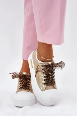 Boto Trampki Damskie Niskie*Trampki Damskie Na Masywnej Platformie Z Ozdobnym Sznurowaniem Złote Zidora