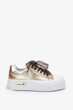 Boto Trampki Damskie Niskie*Trampki Damskie Na Masywnej Platformie Z Ozdobnym Sznurowaniem Złote Zidora