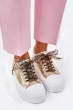 Boto Trampki Damskie Niskie*Trampki Damskie Na Masywnej Platformie Z Ozdobnym Sznurowaniem Złote Zidora