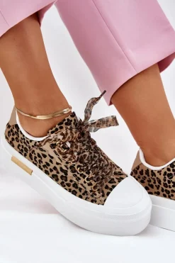 Damskie Boto Trampki Damskie Na Masywnej Platformie Z Ozdobnym Sznurowaniem Panterka Brązowe Zidora