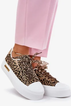 Damskie Boto Trampki Damskie Na Masywnej Platformie Z Ozdobnym Sznurowaniem Panterka Brązowe Zidora