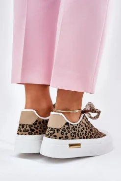 Damskie Boto Trampki Damskie Na Masywnej Platformie Z Ozdobnym Sznurowaniem Panterka Brązowe Zidora