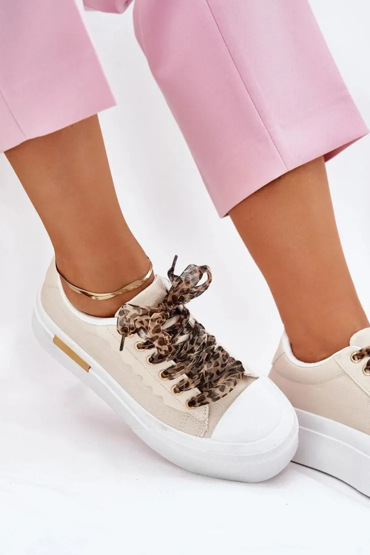 New Boto Trampki Damskie Na Masywnej Platformie Z Ozdobnym Sznurowaniem Beżowe Zidora