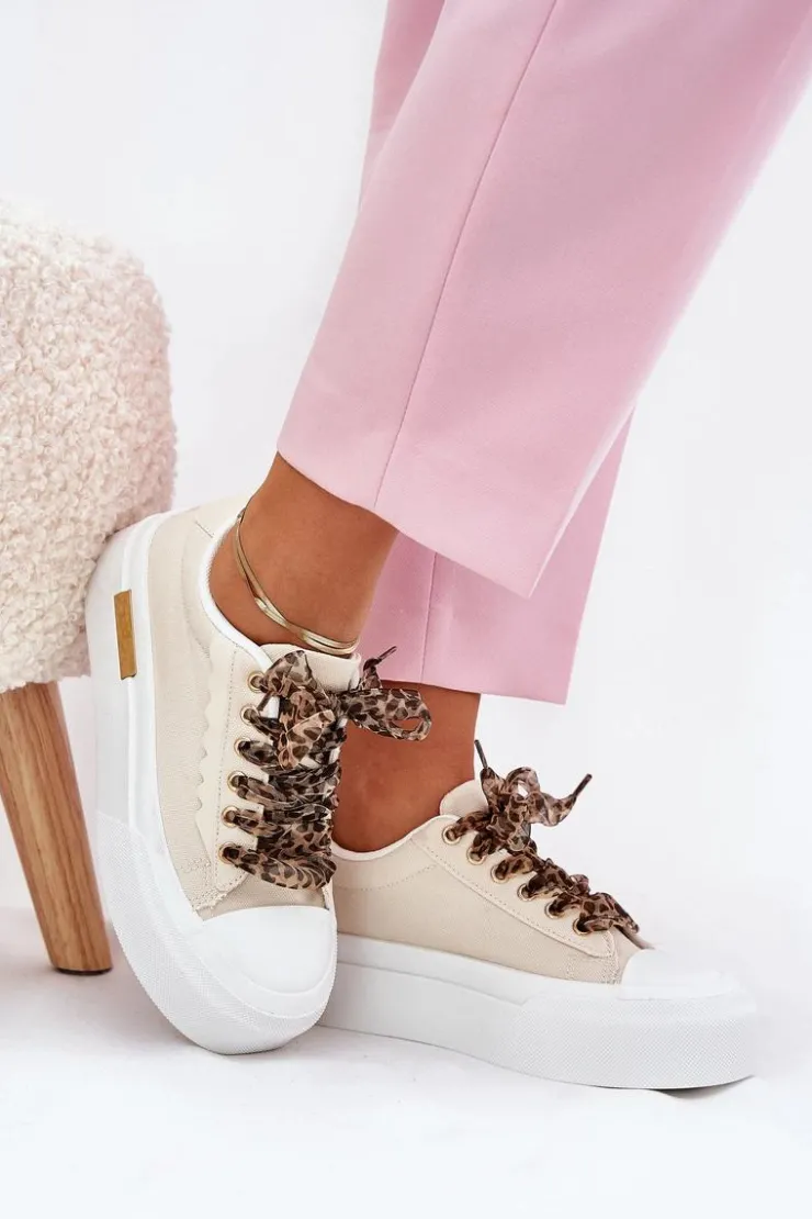 New Boto Trampki Damskie Na Masywnej Platformie Z Ozdobnym Sznurowaniem Beżowe Zidora