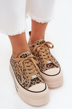 Boto Trampki Damskie Niskie*Trampki Damskie Na Masywnej Platformie Panterka Marinae Brązowy