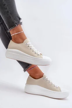 Boto Trampki Damskie Niskie*Trampki Damskie Na Masywnej Platformie Beżowe Amyete