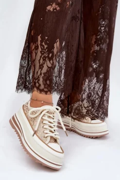 Damskie buty S.Barski Trampki Damskie Niskie*Trampki Damskie Na Masywnej Platformie S.Barski BF51-101 Beżowe