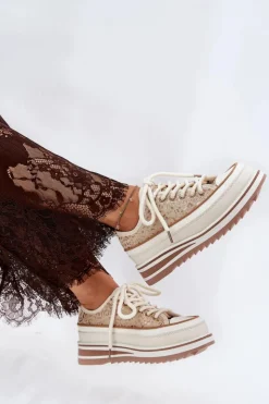 Damskie buty S.Barski Trampki Damskie Niskie*Trampki Damskie Na Masywnej Platformie S.Barski BF51-101 Beżowe