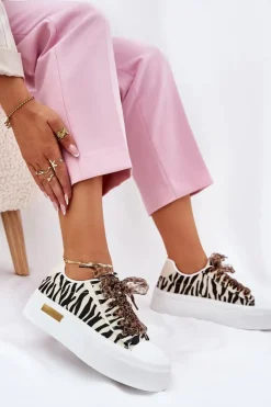 Discount Boto Trampki Damskie Na Masywnej Platformie Z Ozdobnym Sznurowaniem Zebra Czarno-Beżowe Zidora