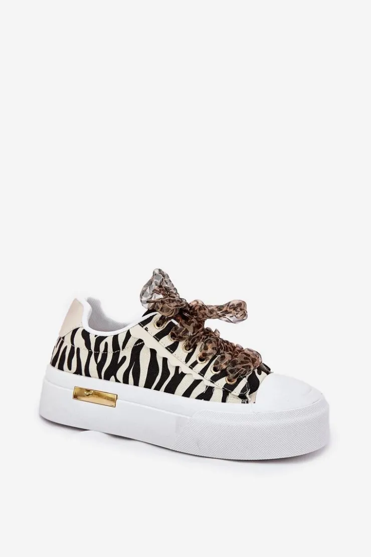 Discount Boto Trampki Damskie Na Masywnej Platformie Z Ozdobnym Sznurowaniem Zebra Czarno-Beżowe Zidora