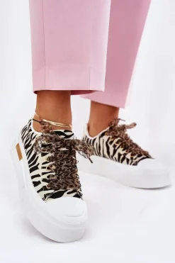 Discount Boto Trampki Damskie Na Masywnej Platformie Z Ozdobnym Sznurowaniem Zebra Czarno-Beżowe Zidora