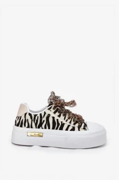 Discount Boto Trampki Damskie Na Masywnej Platformie Z Ozdobnym Sznurowaniem Zebra Czarno-Beżowe Zidora
