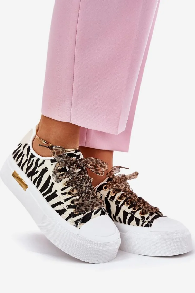 Discount Boto Trampki Damskie Na Masywnej Platformie Z Ozdobnym Sznurowaniem Zebra Czarno-Beżowe Zidora