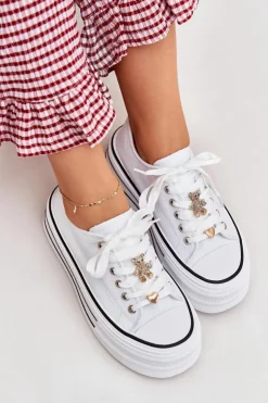 Boto Trampki Damskie Niskie*Trampki Damskie Na Platformie Ze Złotymi Przypinkami Białe Fiorina Biały