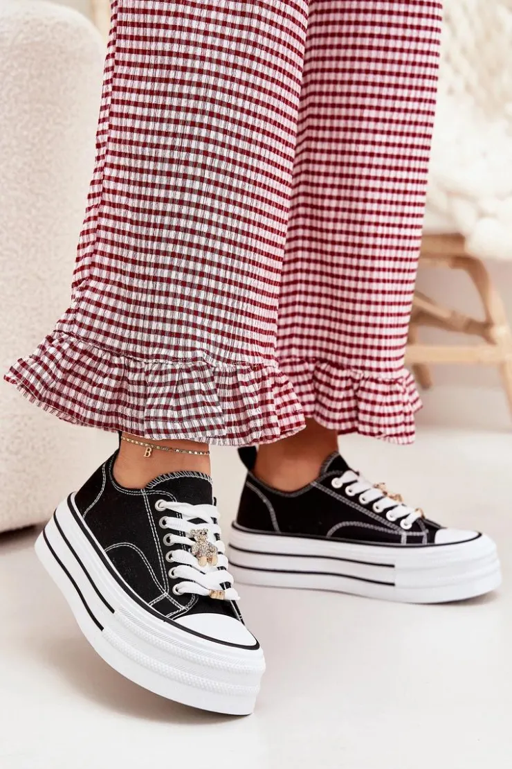 Clearance Boto Trampki Damskie Na Platformie Ze Złotymi Przypinkami Czarne Fiorina Czarny