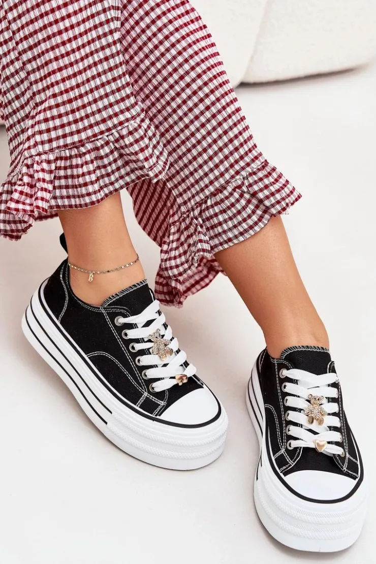 Clearance Boto Trampki Damskie Na Platformie Ze Złotymi Przypinkami Czarne Fiorina Czarny