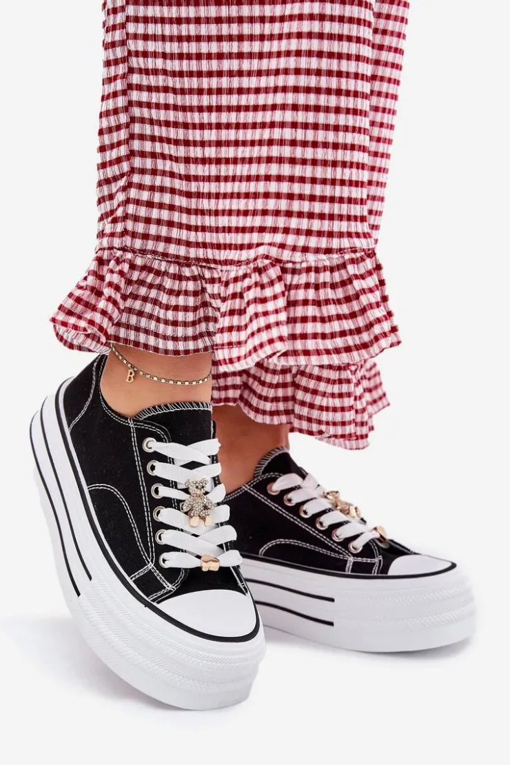 Clearance Boto Trampki Damskie Na Platformie Ze Złotymi Przypinkami Czarne Fiorina Czarny