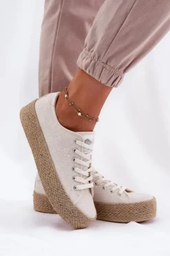 Outlet Lee Cooper Trampki Damskie Na Platformie Z Plecionką LCW-25-02-3284 Jasnobeżowe Beżowy