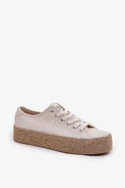 Outlet Lee Cooper Trampki Damskie Na Platformie Z Plecionką LCW-25-02-3284 Jasnobeżowe Beżowy