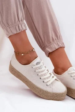 Outlet Lee Cooper Trampki Damskie Na Platformie Z Plecionką LCW-25-02-3284 Jasnobeżowe Beżowy