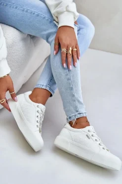 Big Star Shoes Trampki Damskie Big Star|Trampki Damskie Niskie*Trampki Damskie Na Platformie Ocieplane Big Star OO274A464 Białe Biały