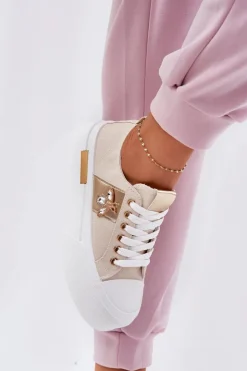 Boto Trampki Damskie Niskie*Trampki Damskie Na Platformie Z Ozdobnym Detalem Beżowe Annisae Beżowy