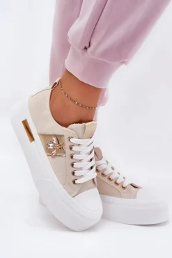 Boto Trampki Damskie Niskie*Trampki Damskie Na Platformie Z Ozdobnym Detalem Beżowe Annisae Beżowy