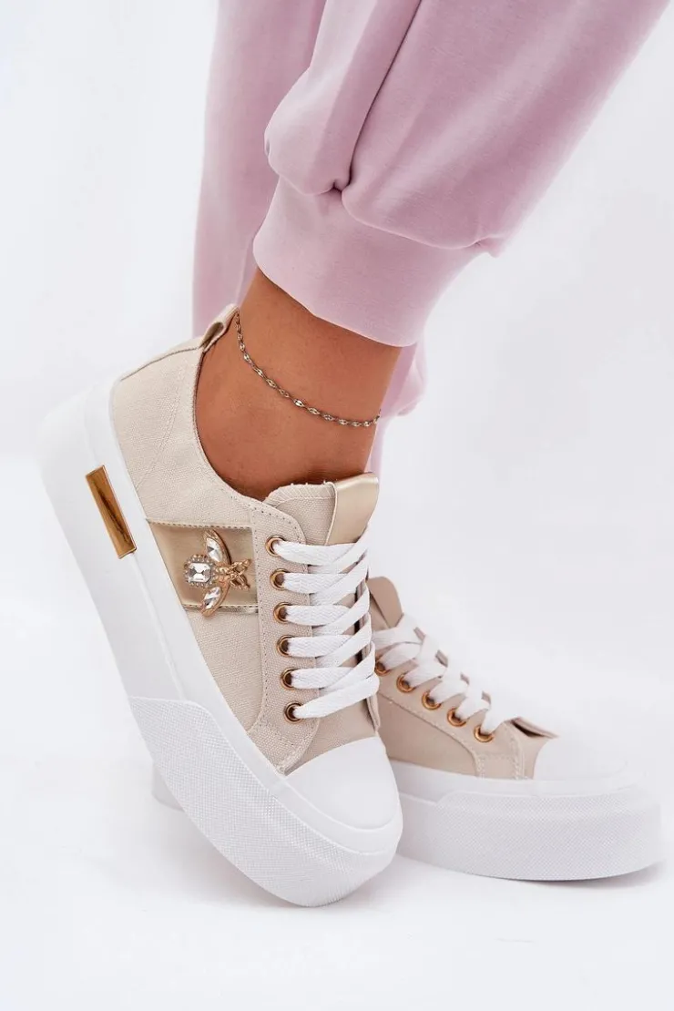 Boto Trampki Damskie Niskie*Trampki Damskie Na Platformie Z Ozdobnym Detalem Beżowe Annisae Beżowy