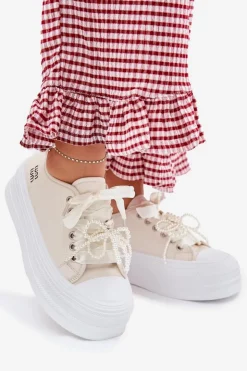 Damskie Boto Trampki Damskie Na Platformie Z Ozdobnym Sznurowaniem Beżowe Tivora