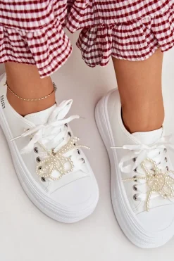 Boto Trampki Damskie Niskie*Trampki Damskie Na Platformie Z Ozdobnym Sznurowaniem Białe Tivora