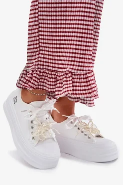 Boto Trampki Damskie Niskie*Trampki Damskie Na Platformie Z Ozdobnym Sznurowaniem Białe Tivora