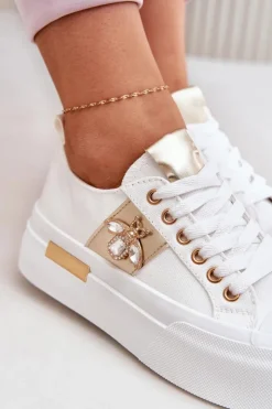 Damskie Boto Trampki Damskie Na Platformie Z Ozdobnym Detalem Białe Annisae