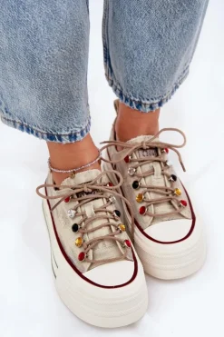 Hot GOE Trampki Damskie Na Platformie RR2N4105 Beżowe