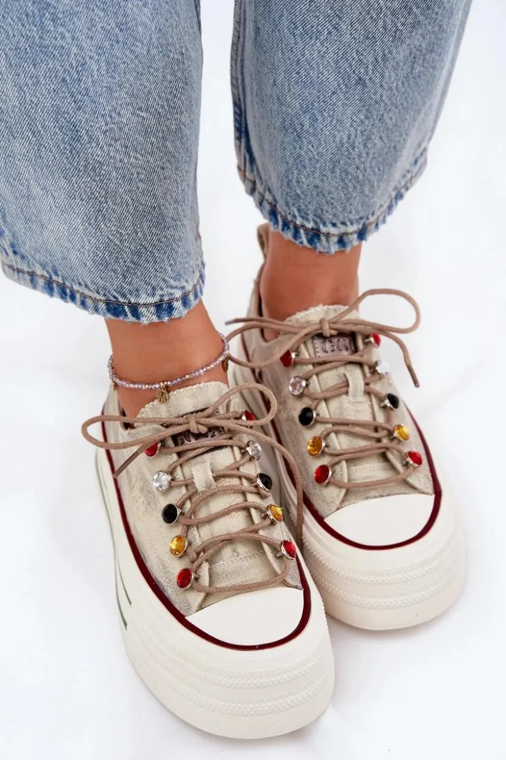 Hot GOE Trampki Damskie Na Platformie RR2N4105 Beżowe