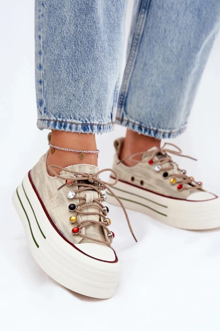 Hot GOE Trampki Damskie Na Platformie RR2N4105 Beżowe