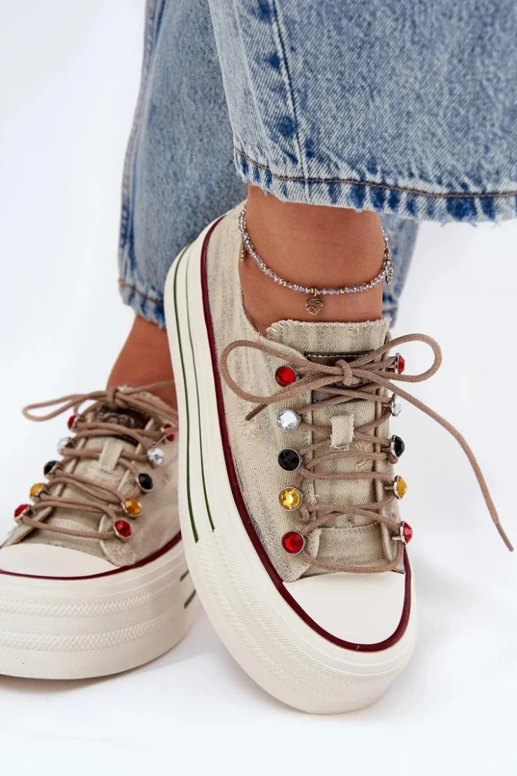 Hot GOE Trampki Damskie Na Platformie RR2N4105 Beżowe